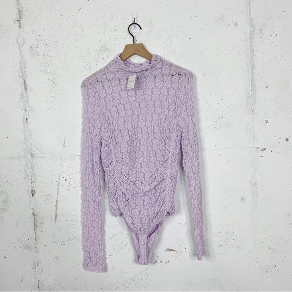 Free People Day & Night Lace Purple Lavender Crochet BodySuit Long Sleeve Top - Picture 9 of 12